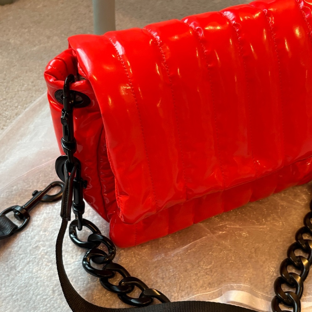 THINK ROYLN Shiny Red Crossbody Bag with Black Strap